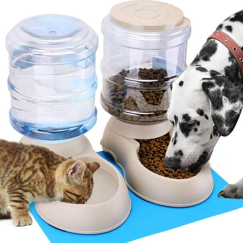 Photo 1 of Pawzone 2 Pack Automatic Cat Feeder and Water Dispenser in Set with Pet Food Mat for Small Medium Dog Pets Puppy Kitten Big Capacity 1 Gallon x 2 (2 Pack Cream) - MISSING BLUE MAT