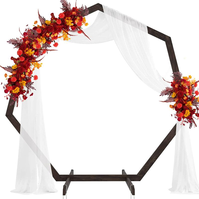 Photo 1 of Fomcet Wooden Wedding Arch 7.2FT Heptagonal Wood Arch Wedding Arbor Backdrop Stand for Wedding Ceremony Garden Party Indoor Outdoor Rustic Decoration
