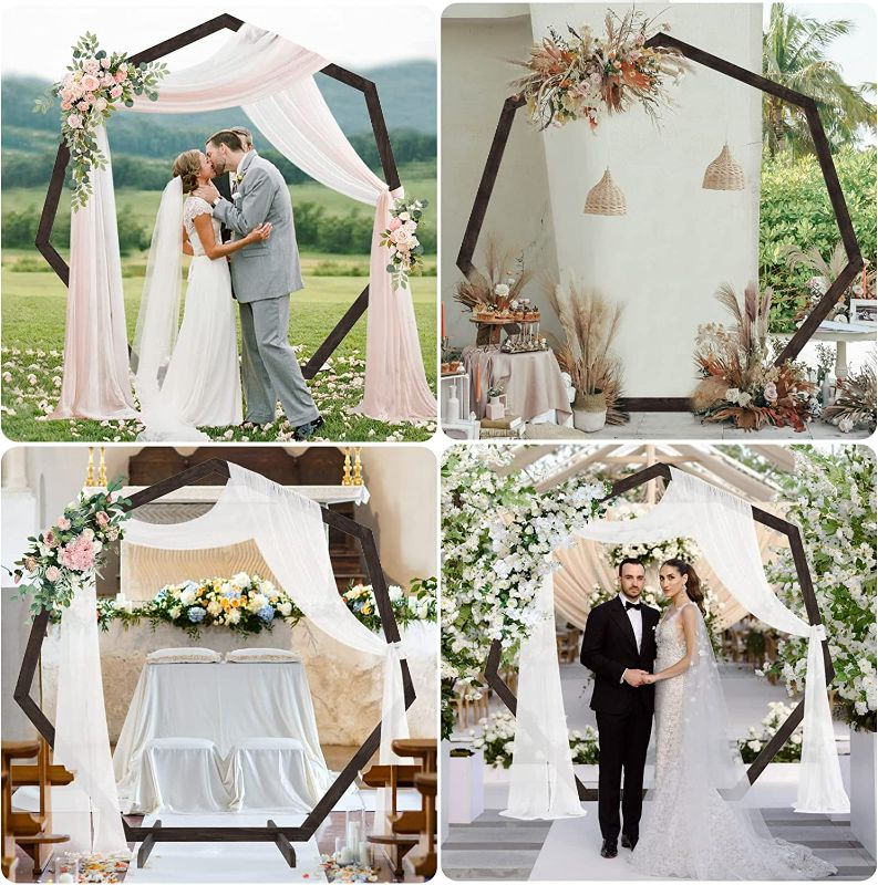 Photo 3 of Fomcet Wooden Wedding Arch 7.2FT Heptagonal Wood Arch Wedding Arbor Backdrop Stand for Wedding Ceremony Garden Party Indoor Outdoor Rustic Decoration
