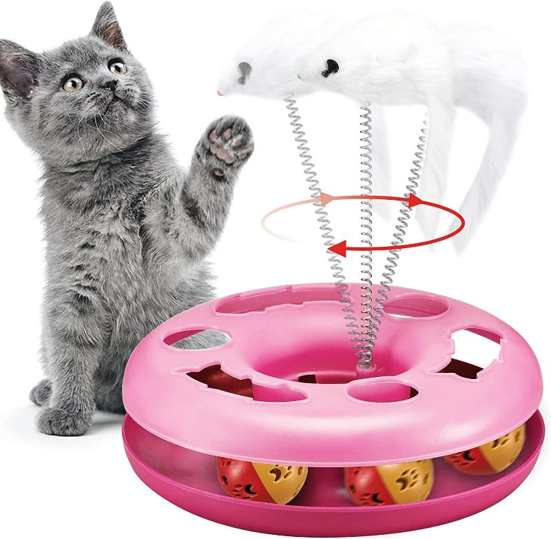 Photo 1 of Cat Toys, Cat Toys for Indoor Cats,Interactive Kitten Toys Roller Tracks with Catnip Spring Pet Toy with Exercise Balls Teaser Mouse (Pink)
