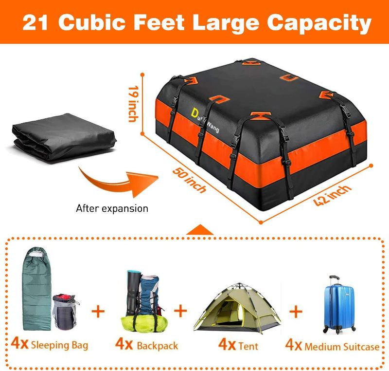 Photo 2 of DuDuWang Car Roof Bag Rooftop top Cargo Carrier Bag Waterproof for All Cars with/Without Rack, Includes Anti-Slip Mat, 4 Reinforced Straps, Luggage Lock (Orange 21Cubic)
