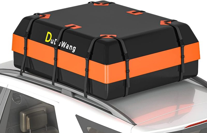 Photo 1 of DuDuWang Car Roof Bag Rooftop top Cargo Carrier Bag Waterproof for All Cars with/Without Rack, Includes Anti-Slip Mat, 4 Reinforced Straps, Luggage Lock (Orange 21Cubic)
