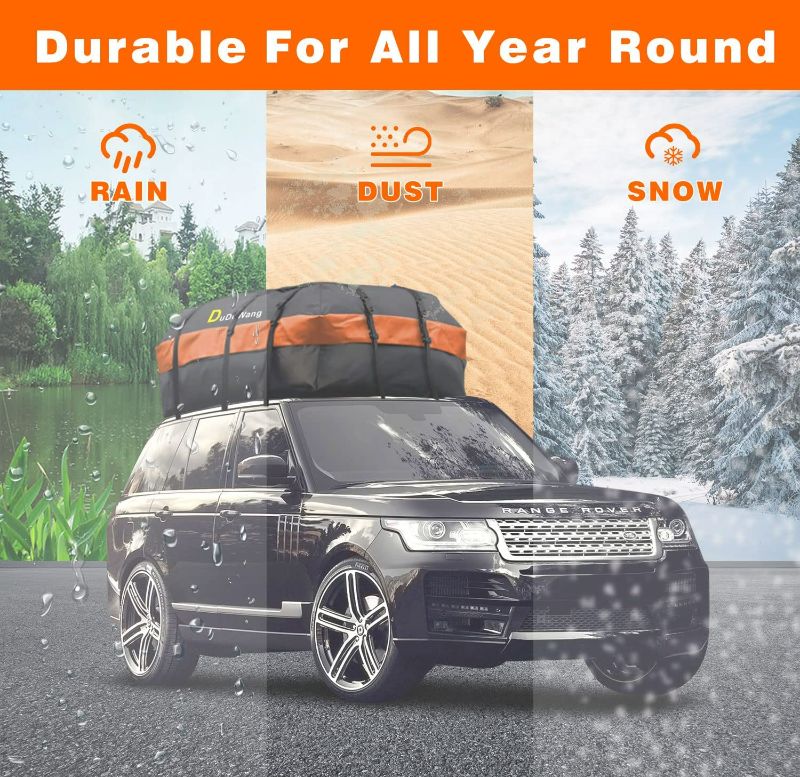 Photo 3 of DuDuWang Car Roof Bag Rooftop top Cargo Carrier Bag Waterproof for All Cars with/Without Rack, Includes Anti-Slip Mat, 4 Reinforced Straps, Luggage Lock (Orange 21Cubic)
