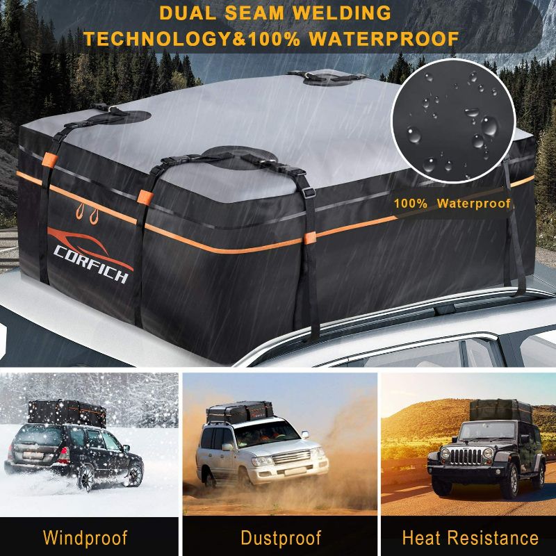 Photo 2 of CORFICH Rooftop Cargo Carrier Bag,15 Cubic Feet Waterproof Car Top Carrier Cargo Roof Bag for All Vehicle with/Without Racks, Anti-Slip Mat, Free Lock, 8 Reinforced Straps, Door Hooks, Storage Bag Orange