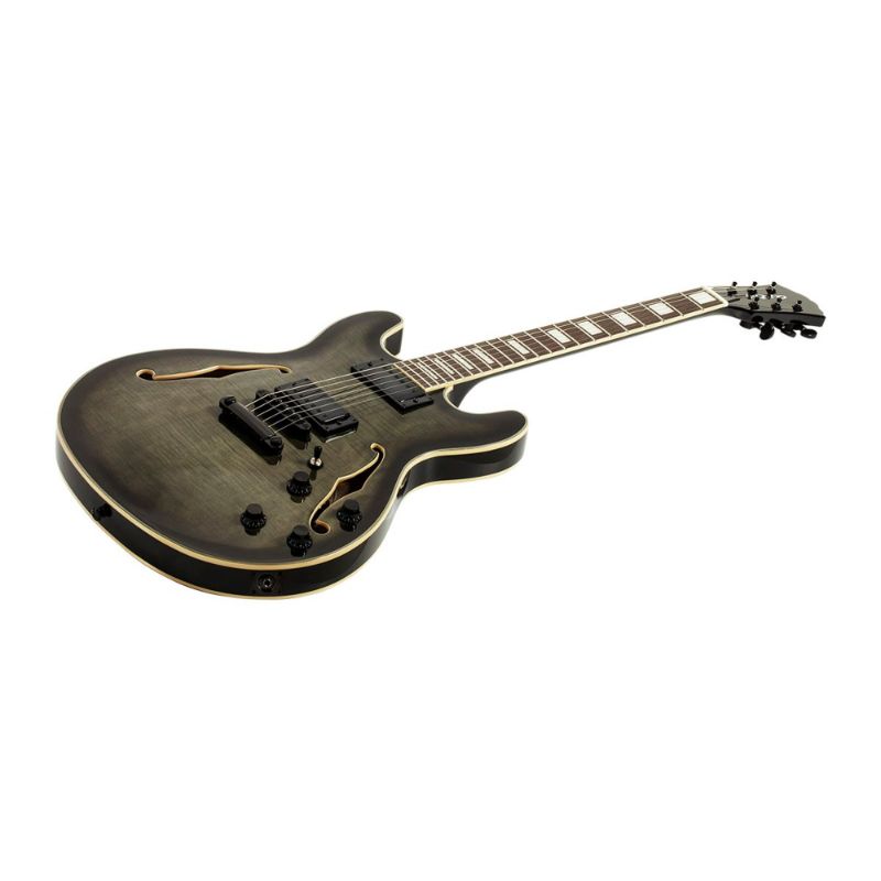 Photo 1 of Monoprice Indio Boardwalk Flamed Maple Hollow Body Electric Guitar with Gig Bag, Charcoal
