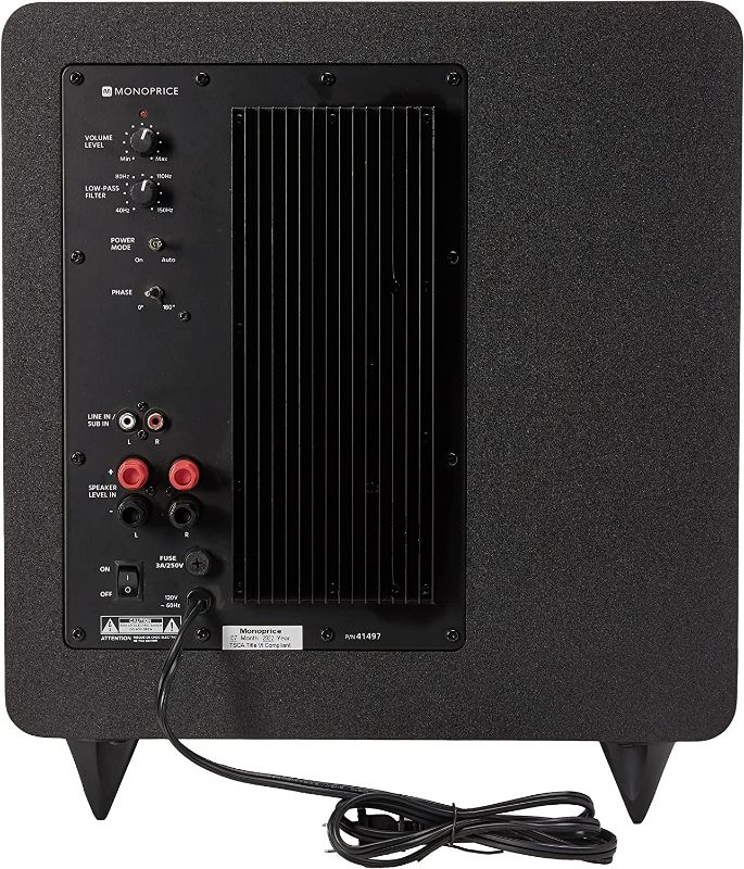 Photo 1 of Monoprice SW-10 150 Watt RMS (300 Watt Peak) Powered Subwoofer 10in, Ported Design, Variable Phase Control, Variable Low Pass Filter, for Home Theater
