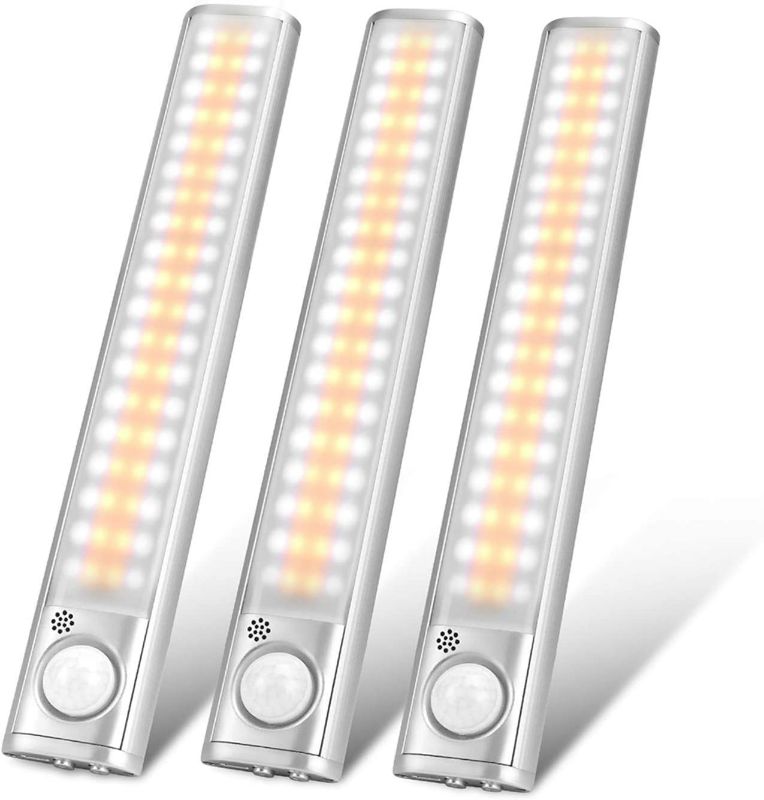 Photo 1 of Under Cabinet Lighting 80 LED Closet Light, Motion Sensor Lights Indoor USB Rechargeable Dimmable Wireless Stick-on Night Light Bar for Kitchen, Wardrobe, Garage, Stairs, Bedroom (3 Packs)