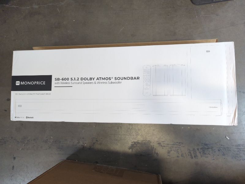 Photo 1 of Monoprice SB-600 Dolby Atmos 5.1.2 Soundbar with Wireless Subwoofer & Wireless Satellite Speakers, HDMI Inputs, eArc, Bluetooth, Toslink, Coax, Remote