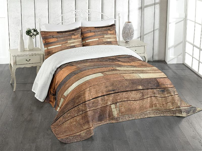 Photo 1 of Ambesonne Wooden Bedspread, Rustic Floor Planks Print Grungy Look Farm House Country Style Walnut Oak Grain Image, Decorative Quilted 3 Piece Coverlet Set with 2 Pillow Shams, Queen Size, Brown
