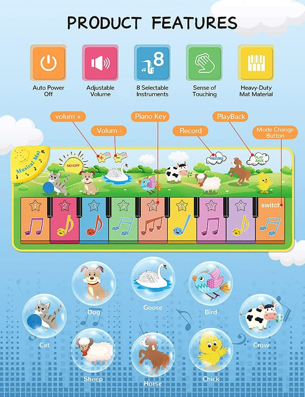 Photo 2 of OTTOLIVES Piano Mat, Music mat, Kids Musical Keyboard Piano Mat, Music Play Blanket Dance Mat with 8 Different Animal Sound for Toddler Baby Boys Girls Children(Early Learning Education Toy Gift)
