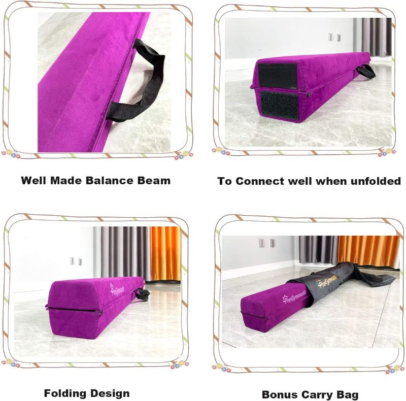 Photo 2 of PreGymnastic Folding Balance Beam 8FT -Extra-Firm Suede Cover Purple with Shinning Sticker and Carry Bag for Home/School/Club/Travel
