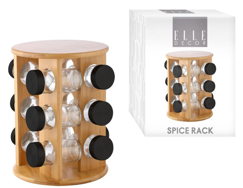 Photo 1 of ELLE Gourmet Collection Bamboo Rotating Spice Rack w/ 12-Count Glass Jars
