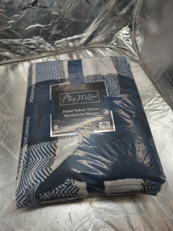 Photo 2 of Amy Miller Home - Plaid Velvet Throw Reverse to Sherpa - 50x60" - Navy