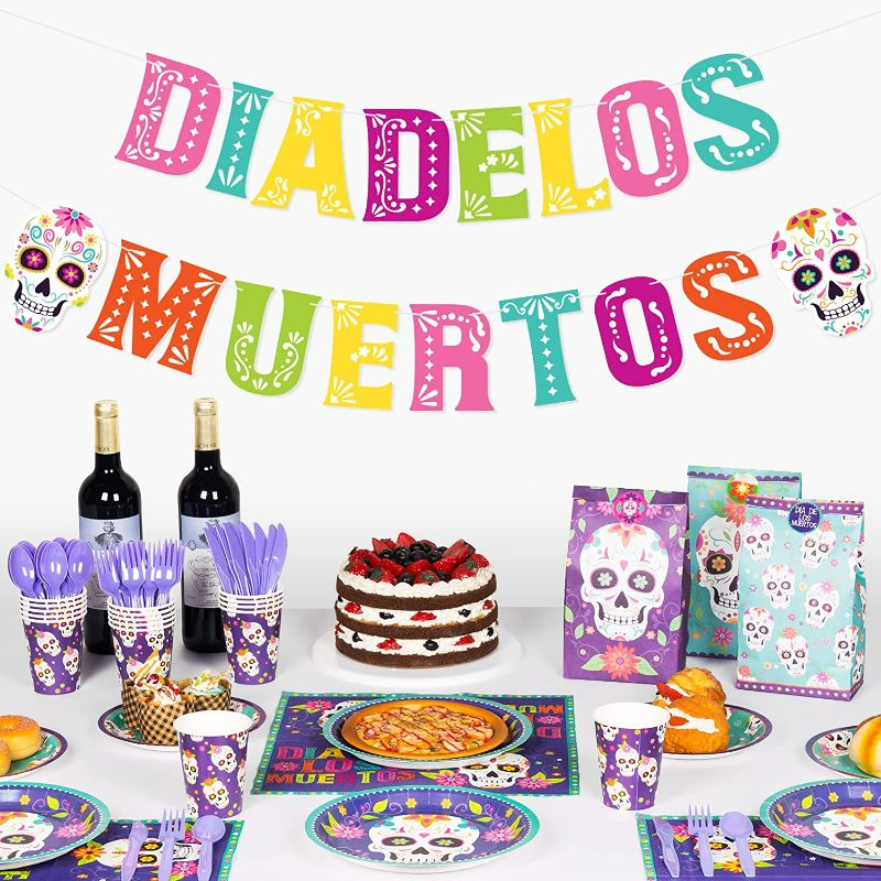 Photo 2 of DECORLIFE Day of The Dead Party Supplies Serves 16, Dia De Los Muertos Party Supplies Includes Sugar Skull Plates and Napkins, Cups, Utensils for Party Decorations, Total 112PCS
