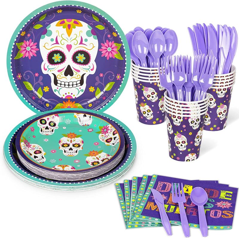 Photo 1 of DECORLIFE Day of The Dead Party Supplies Serves 16, Dia De Los Muertos Party Supplies Includes Sugar Skull Plates and Napkins, Cups, Utensils for Party Decorations, Total 112PCS
