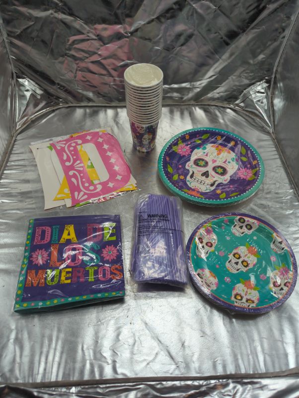Photo 3 of DECORLIFE Day of The Dead Party Supplies Serves 16, Dia De Los Muertos Party Supplies Includes Sugar Skull Plates and Napkins, Cups, Utensils for Party Decorations, Total 112PCS

