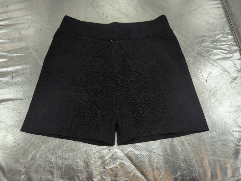 Photo 2 of Women's Solid Black Ribbed High Waist Shorts - Size Medium