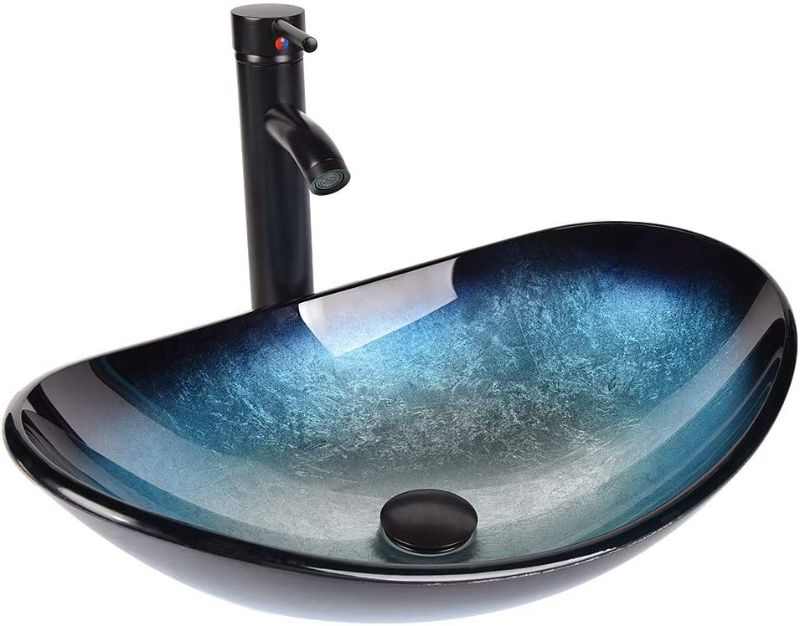 Photo 1 of Bathroom Sink and Faucet Combo - Artistic Tempered Glass Vessel Sink Basin Washing Bowl Set, Cabinet Countertop Sink with ORB Oil Rubbed Faucet Pop-up Drain and Water Pipe Lavatory (Oval Ocean Blue)
