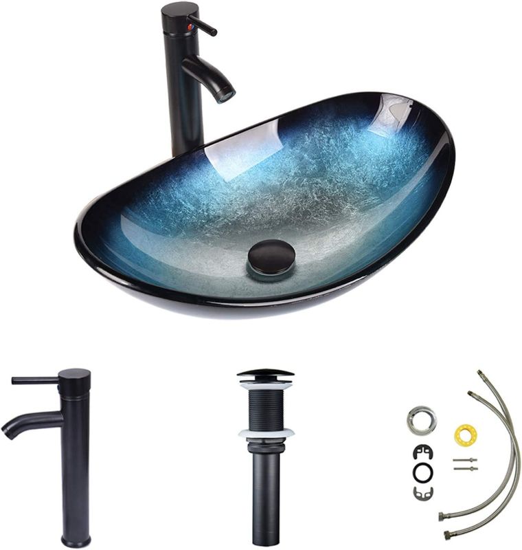 Photo 2 of Bathroom Sink and Faucet Combo - Artistic Tempered Glass Vessel Sink Basin Washing Bowl Set, Cabinet Countertop Sink with ORB Oil Rubbed Faucet Pop-up Drain and Water Pipe Lavatory (Oval Ocean Blue)
