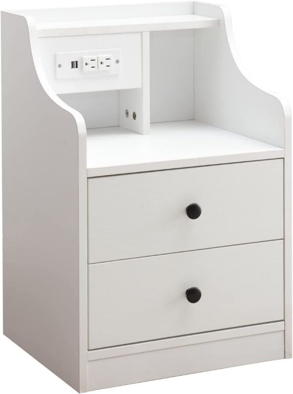 Photo 1 of Royal Wood RUIENHOME Nightstand with Charging Station 2 Drawers, Sofa End Table Side Table with USB Ports and Outlet, Bedside Table Bedroom Nightstand, Wood Table with Storage for Bedroom, White
