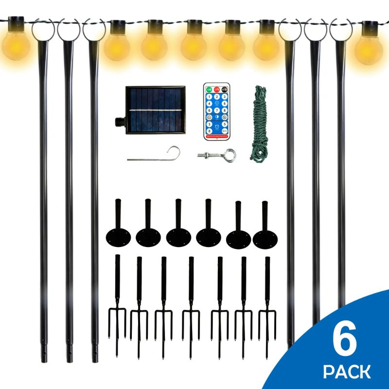 Photo 1 of 6 Pack 9 ft Outdoor String Light Poles, LED Solar Bulbs Included, 8 Light Modes, Remote Control Christmas Decoration Poles for Backyard Garden Patio, Semicircle Shape

