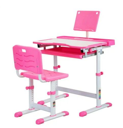 Photo 1 of Kids Desk and Chair Set, Height Adjustable Children Study Workstation with Tilted Desktop, Book Stand and Storage - PINK
