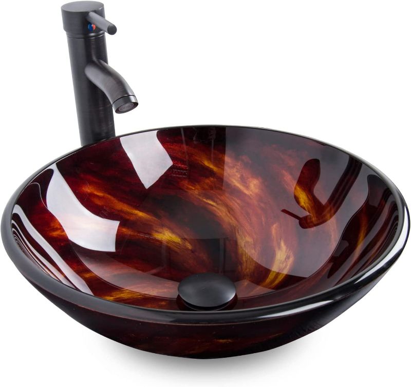 Photo 1 of Artistic Vessel Sink Bathroom Tempered Glass Vanity Round Bowl with Oil Rubber Bronze Faucet and Pop up drain Combo, Flame Red
