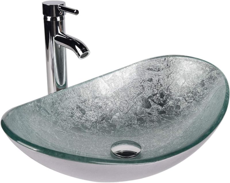 Photo 1 of YOURLITE Boat Shape Bathroom Artistic Glass Vessel Sink Free Chrome Faucet Chrome Pop-up Drain,Silver
