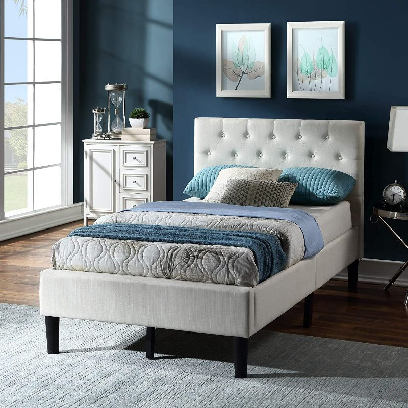 Photo 1 of Twin Bed Frame Upholstered with Button Tufted Headboard, Linen Fabric Modern Platform Bed Frame, Strong Wood Slat Support, Mattress Foundation, No Box Spring Needed, Easy Assembly, Beige