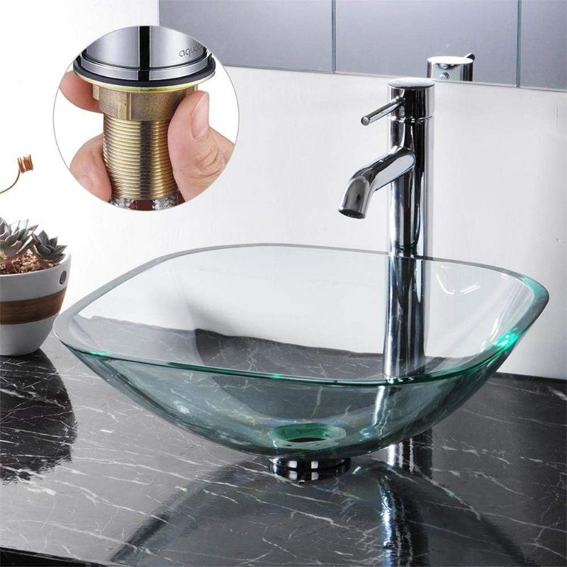 Photo 1 of Aquaterior Vessel Sink with Faucet and Drain Combo Square Tempered Glass Vessel Sink Basin with Chrome Faucet Mounting Ring and Pop Up Drain Set Bathroom
