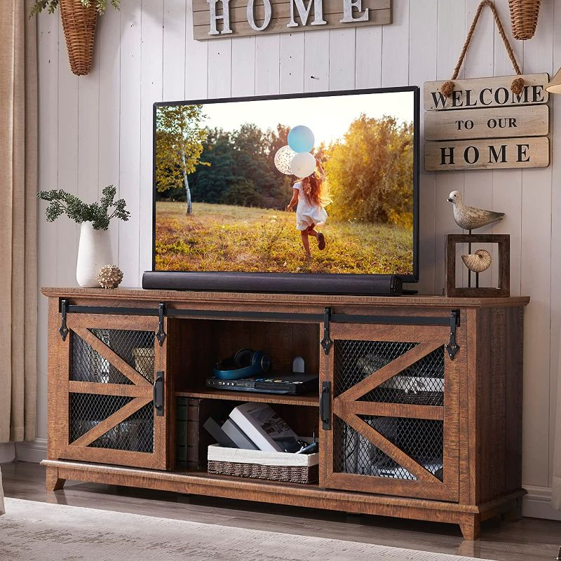 Photo 1 of OKD Farmhouse TV Stand for 75 Inch TV, Industrial & Farmhouse Media Entertainment Center w/Sliding Barn Door, Rustic TV Console Cabinet w/Adjustable Shelves for Living Room, Reclaimed Barnwood - 66"