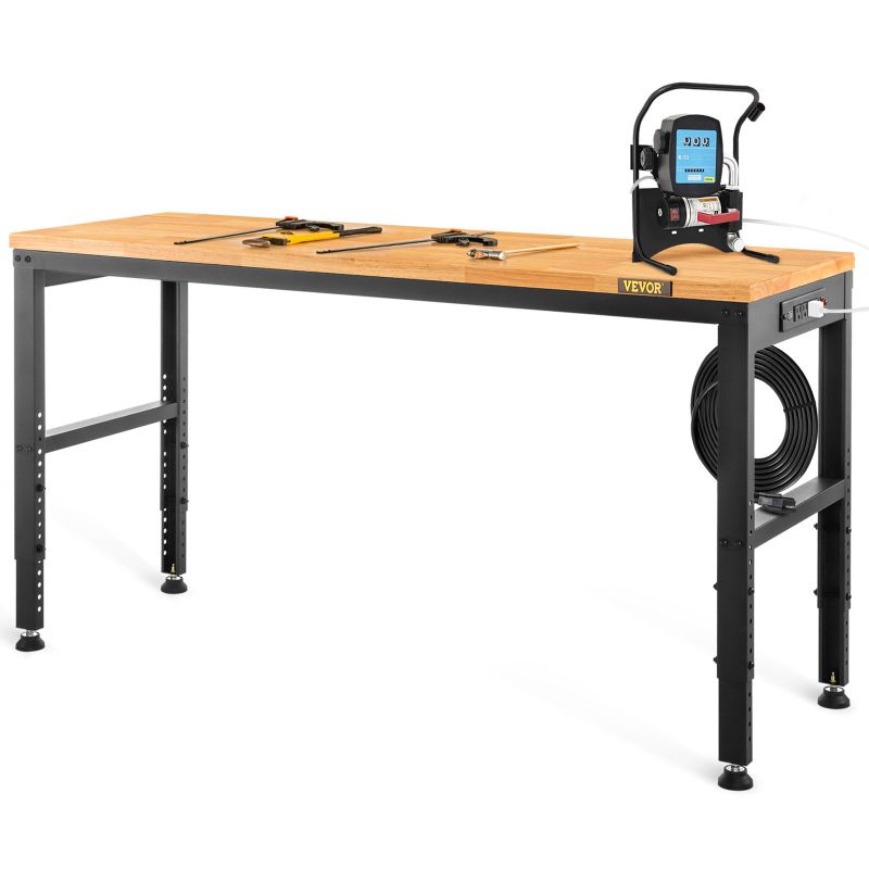 Photo 1 of VEVOR Workbench Adjustable Height, 53" L X 18" W X 38.3" H Garage Table w/ 28.5" - 38.3" Heights & 2000 LBS Load Capacity, with Power Outlets & Hardwood Top & Metal Frame & Foot Pads, for Office Home
