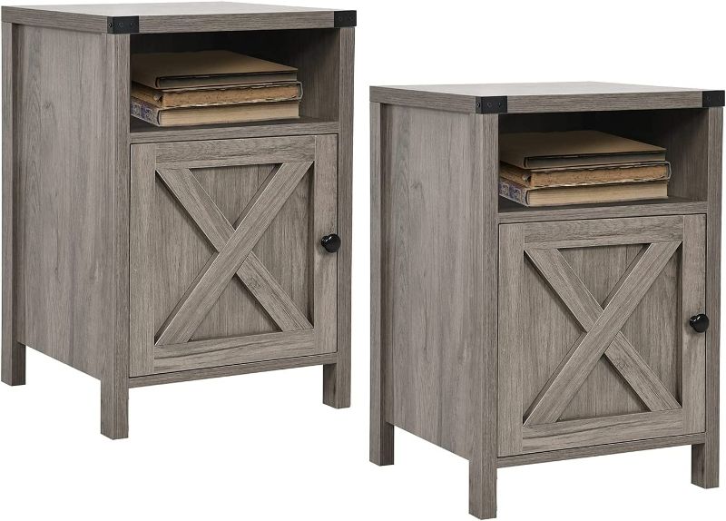 Photo 1 of Farmhouse Nightstand, End Table, Side Table, Set of 2 End Table with Barn Door and Shelf, Modern Bed Side Table End Table, Rustic Nightstands Set for Bedroom, Living Room, Set of 2, Grey Wash
