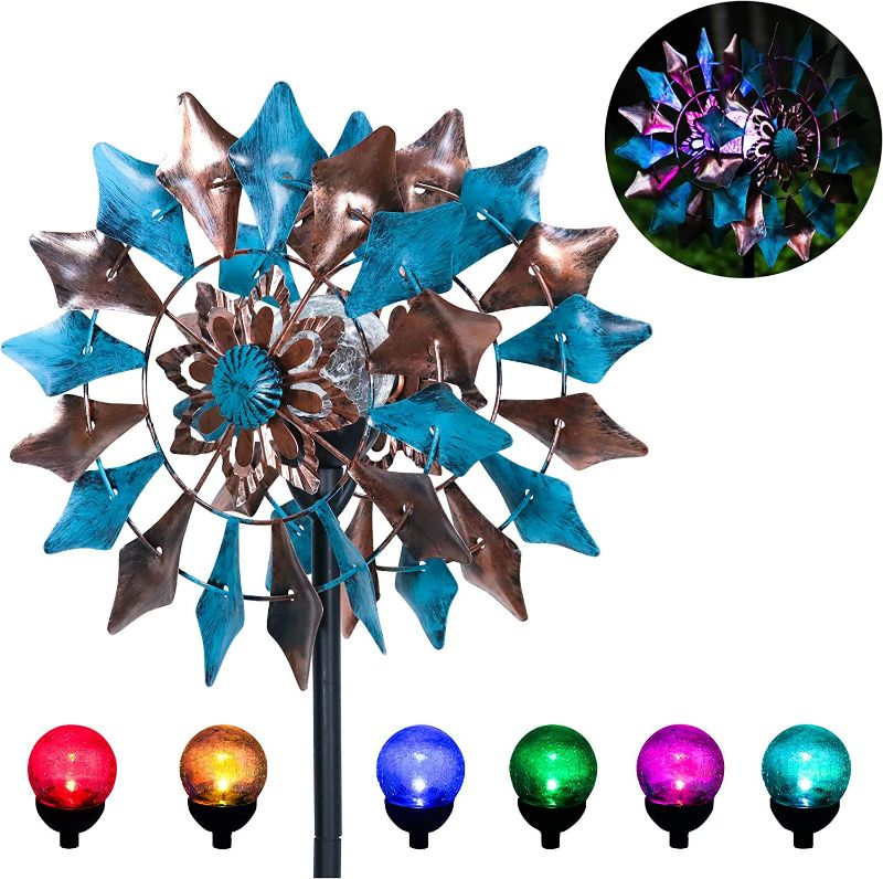 Photo 1 of HONGLAND Solar Powered Wind Spinner with Crackle Ball 74 inch Led Lighting Windmill Metal Wind Sculpture Stake for Garden Outdoor Yard Lawn Decoration
