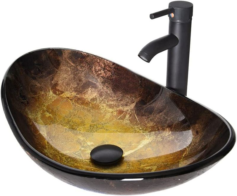 Photo 1 of Bathroom Vessel Sink, Boat Shape Bathroom Artistic Glass Vessel Bowl Basin with Free Oil Rubbed Bronze Faucet and Pop-up Drain, Gold ingot
