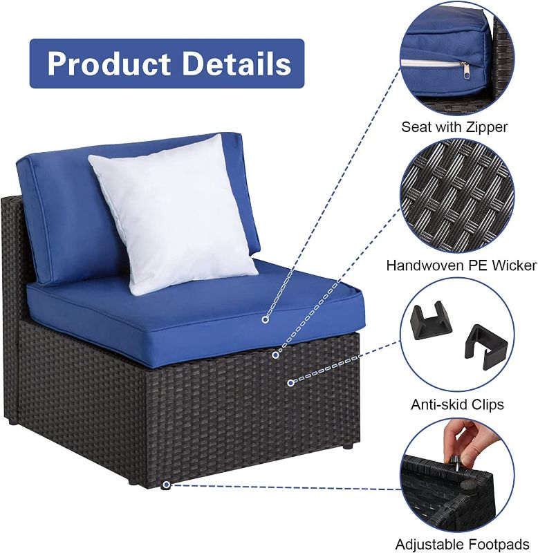 Photo 1 of Kinsunny Peach Tree Outdoor Patio Furniture, Wicker Armless Sofa Chair Black Rattan Thick Cushions Navy Blue Infinitely Combination