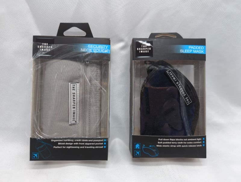Photo 1 of The Sharper Image Travel Set - Navy Padded Sleep Mask & Grey Security Neck Pouch