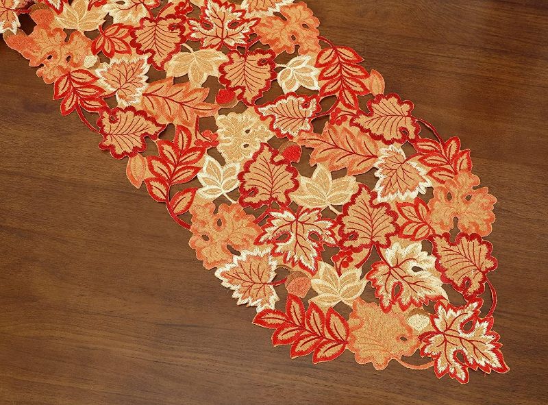 Photo 2 of GRANDDECO Fall Thanksgiving Day Table Runner 13X68 inches with Maple Leaves for Autumn Family Dinner Home Kitchen Decoration Christmas & Gathering Orange Red(Maple Leaves-2, Runner 13X68(33X172cm))

