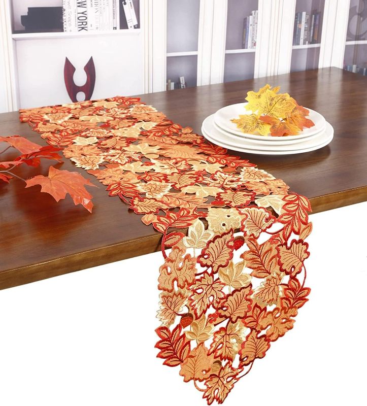 Photo 1 of GRANDDECO Fall Thanksgiving Day Table Runner 13X68 inches with Maple Leaves for Autumn Family Dinner Home Kitchen Decoration Christmas & Gathering Orange Red(Maple Leaves-2, Runner 13X68(33X172cm))
