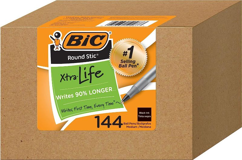 Photo 1 of BIC Round Stic Xtra Life Ballpoint Ink Pens, Medium Point (1.0mm), Black Pens, Flexible Round Barrel For Writing Comfort, 144-Count
