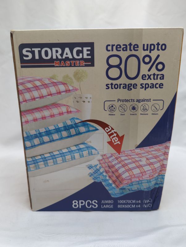 Photo 2 of Storage Master Space Saver Bags, Vacuum Storage Bags for Clothes, 8-Pack (4 Jumbo, 4 Large) with Hand Pump (8-Combo)