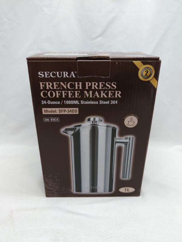 Photo 2 of Secura French Press Coffee Maker, 304 Grade Stainless Steel Insulated Coffee Press with 2 Extra Screens, 34oz (1 Litre), Silver Silver 34 oz