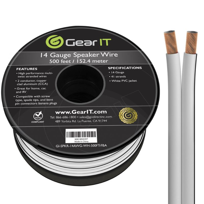 Photo 1 of GearIT 14AWG Speaker Wire, White 14 Gauge Copper Clad Aluminum Core Wire with Color Coded Jacket, 500 ft
