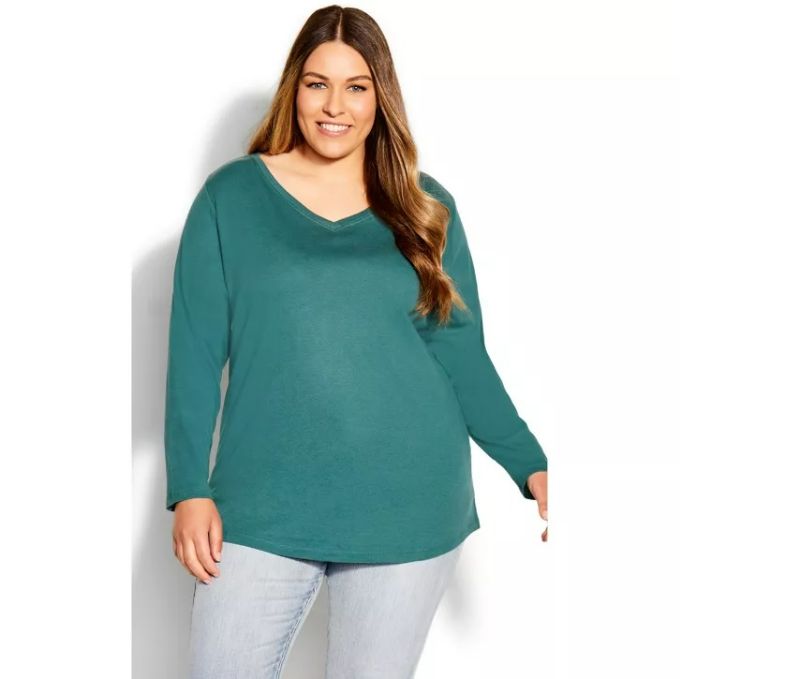 Photo 1 of Women's Plus Size V Neck Essential Long Sleeve Tee - Green - Size 5X