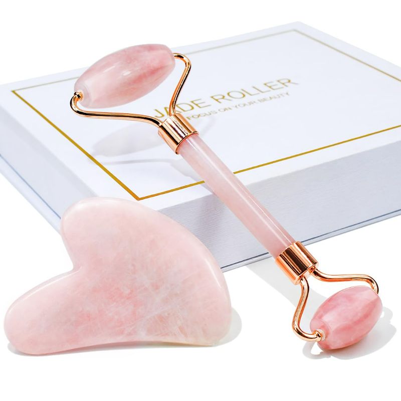 Photo 1 of Jade Roller & Gua Sha, Face Roller, Facial Beauty Roller Skin Care Tools, Massager for Face, Eyes, Neck, Body Muscle Relaxing and Relieve Fine Lines and Wrinkles - Rose Quartz
