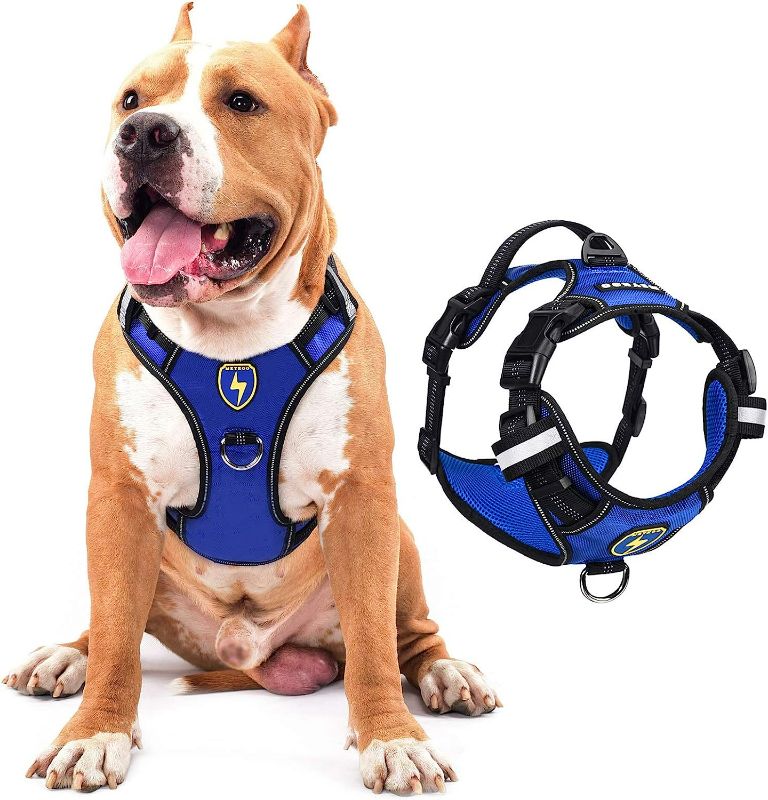 Photo 1 of MeyKoo Dog Harness No Pull Soft Breathable,Easy Put on &Off No Choke Control Training Handle Outdoor Walk Joyride,Adjustable Reflective Padded Leash Vest Harness (L, Blue)
