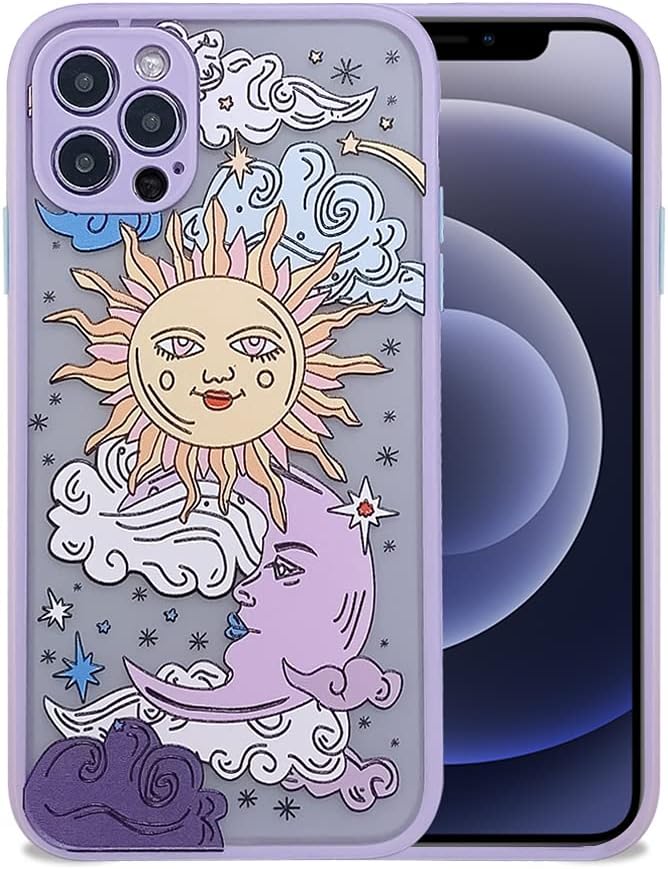 Photo 1 of Ownest Compatible with iPhone 12 Pro Max Case for Clear Frosted PC Back 3D Sun Moon Cartoons Girls Woman and Soft TPU Bumper Silicone Slim Case for iPhone 12 Pro Max-Purple + 2 Pack Screen Protector Set