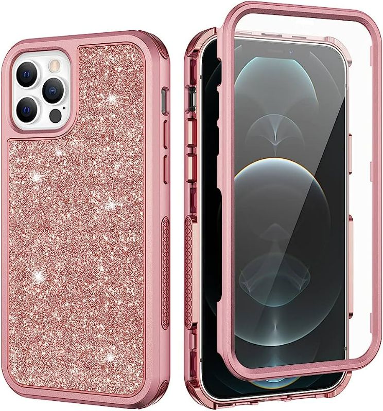 Photo 1 of Ruky iPhone 12 Pro Max Case, Glitter Full Body Cover with Built-in Screen Protector Heavy Duty Shockproof Bumper Luxury Sparkle Bling Protective Women Girls Phone Case for iPhone 12 Pro Max, Rose Gold + 2 Pack Screen Protector Set
