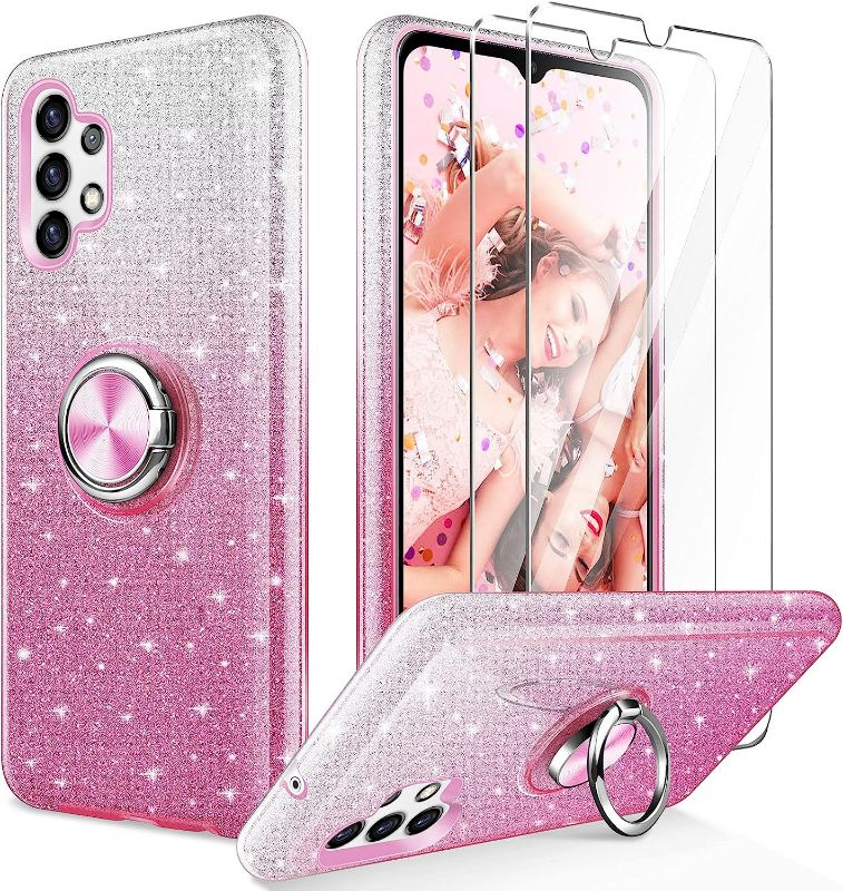 Photo 1 of KSWOUS Samsung Galaxy A22 5G Case + 2 Pack Screen Protector, Bling Sparkly Glitter Shiny Cute Phone Case for Women Girls with Kickstand Shockproof Protective Case for Samsung A22 5G (Pink)
