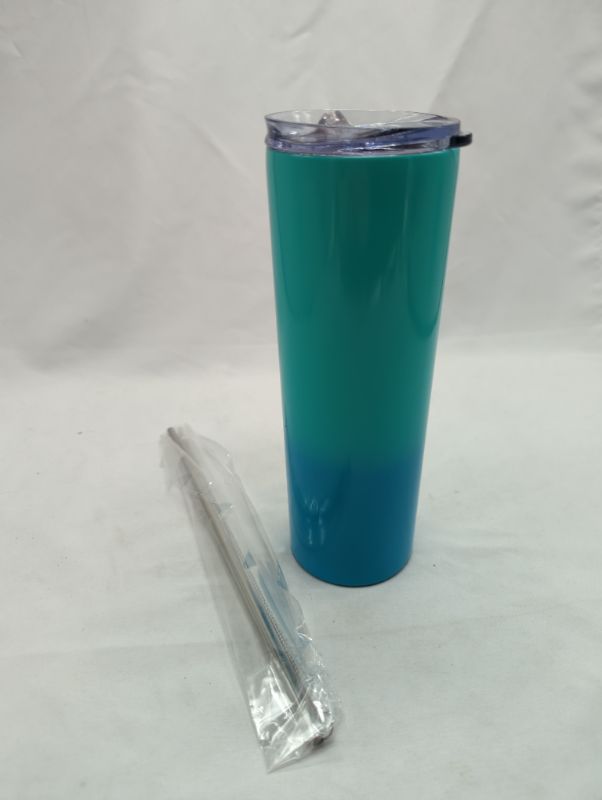 Photo 2 of Ombre Stainless Steel Skinny Insulated Tumbler, Double Wall Slim Insulated Travel Tumbler with Closed Lid Straw, 15 Oz Keep Warm, Hot Water Tumbler Cup In 24 hours (Ombre Teal + Dark Blue, 15 oz) see photo for color
